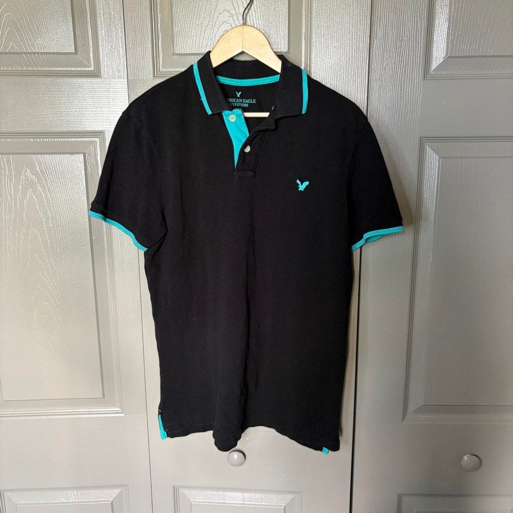American Eagle Mens Polo Shirt Large Black Teal Y2K Classic Fit Cotton Pique